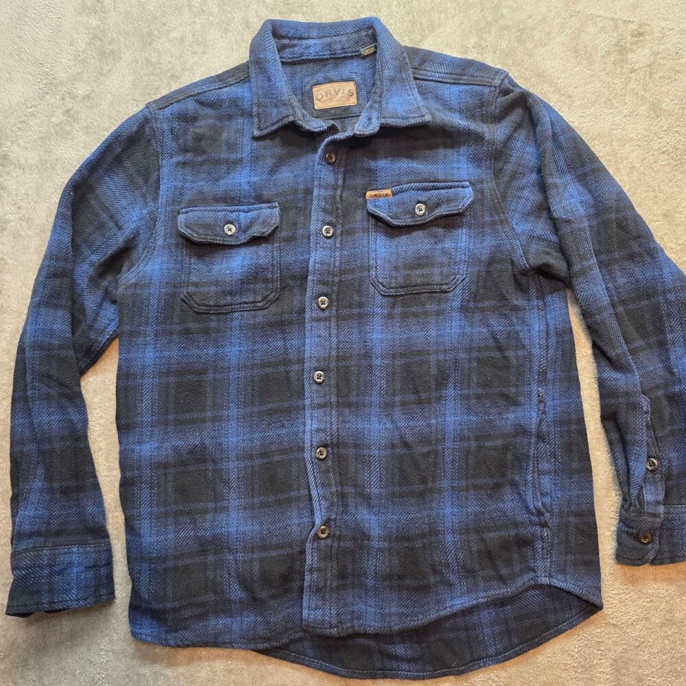 Orvis Shirt Jacket Mens M Blue Plaid Flannel Fleece Lined Outdoor Workwear